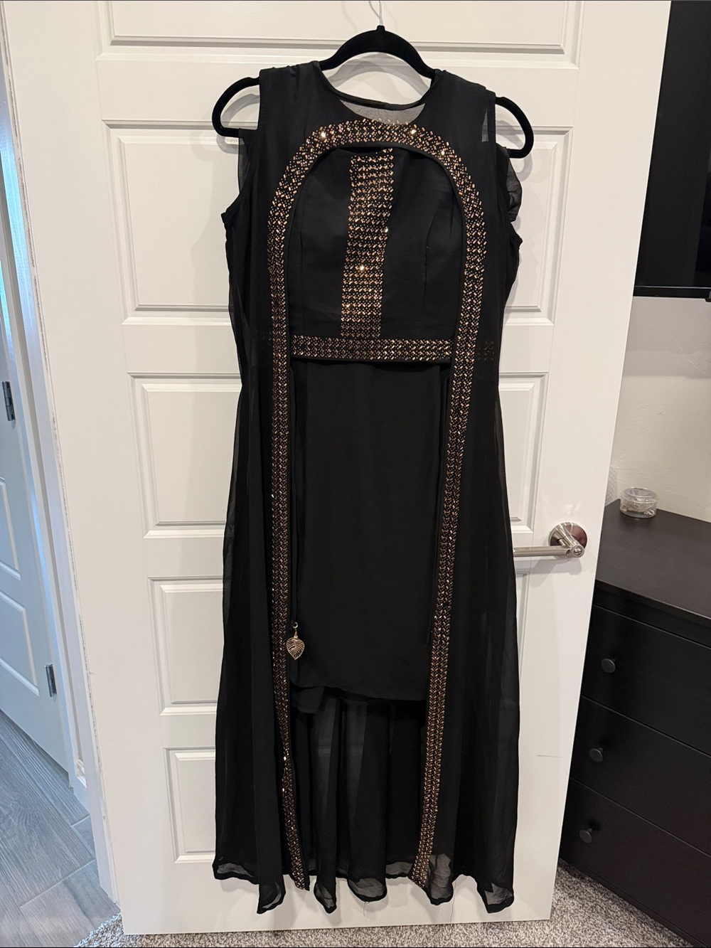 Black Sleeveless Dress with Bronze Beaded Trim INDIAN skirt with blouse